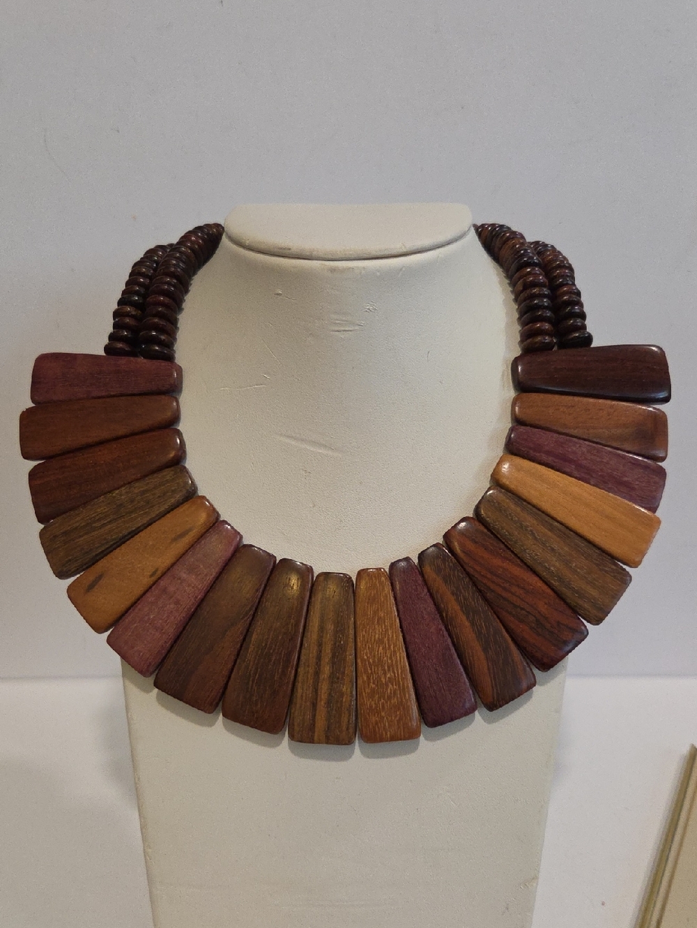 Wooden Statement Collar Necklace in Mixed Brown Tones. 14"